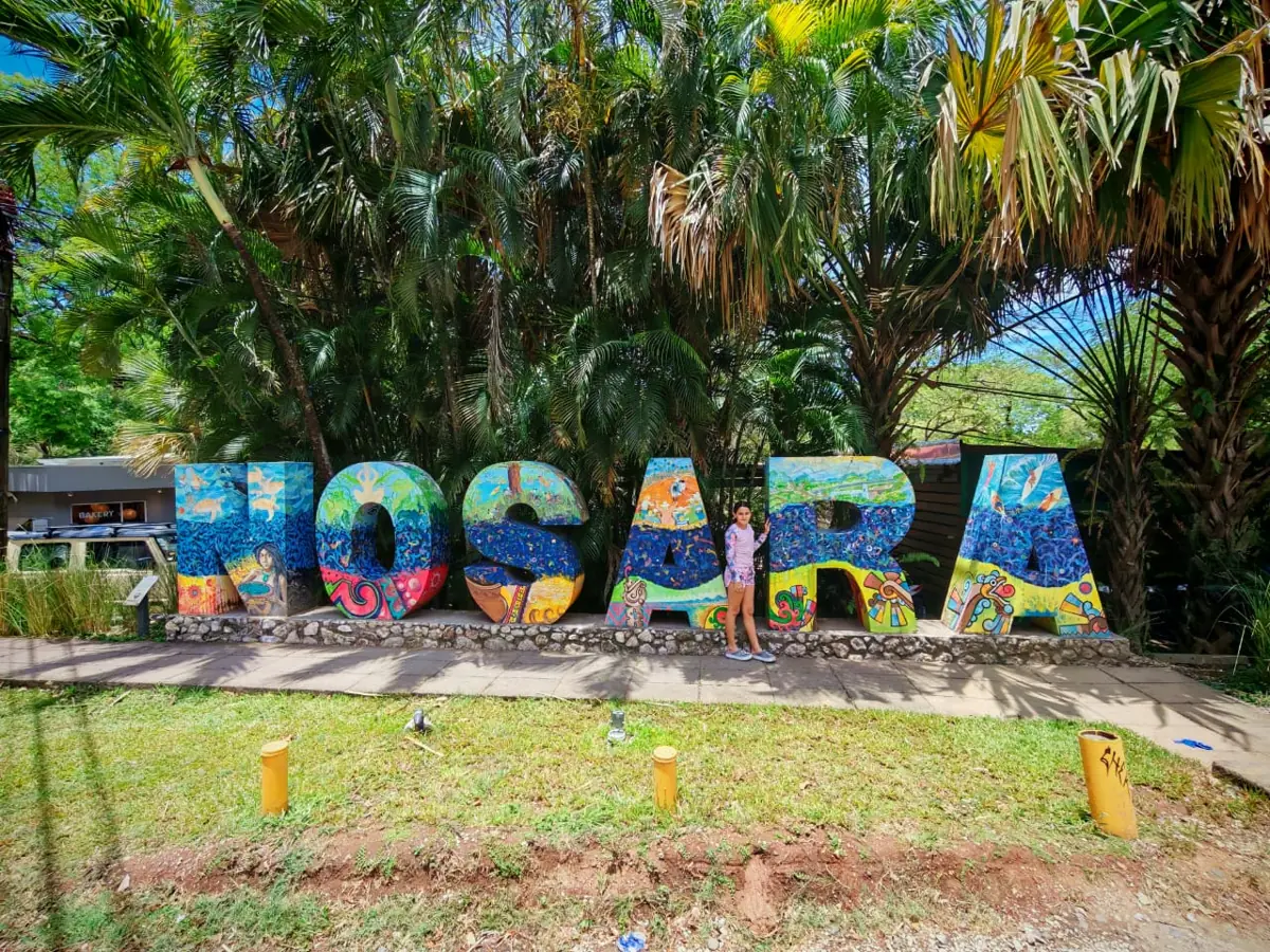 Colourful mosaic letters spelling NOSARA among palm trees