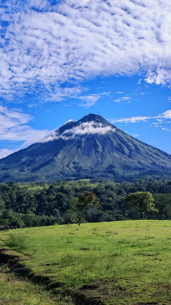 Arenal volcano rising above forest and a green pasture